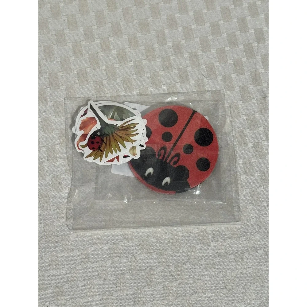 Set of 2 Ladybug Neoprene Fabric Round Car Coasters For Cup Holder & 10 Stickers